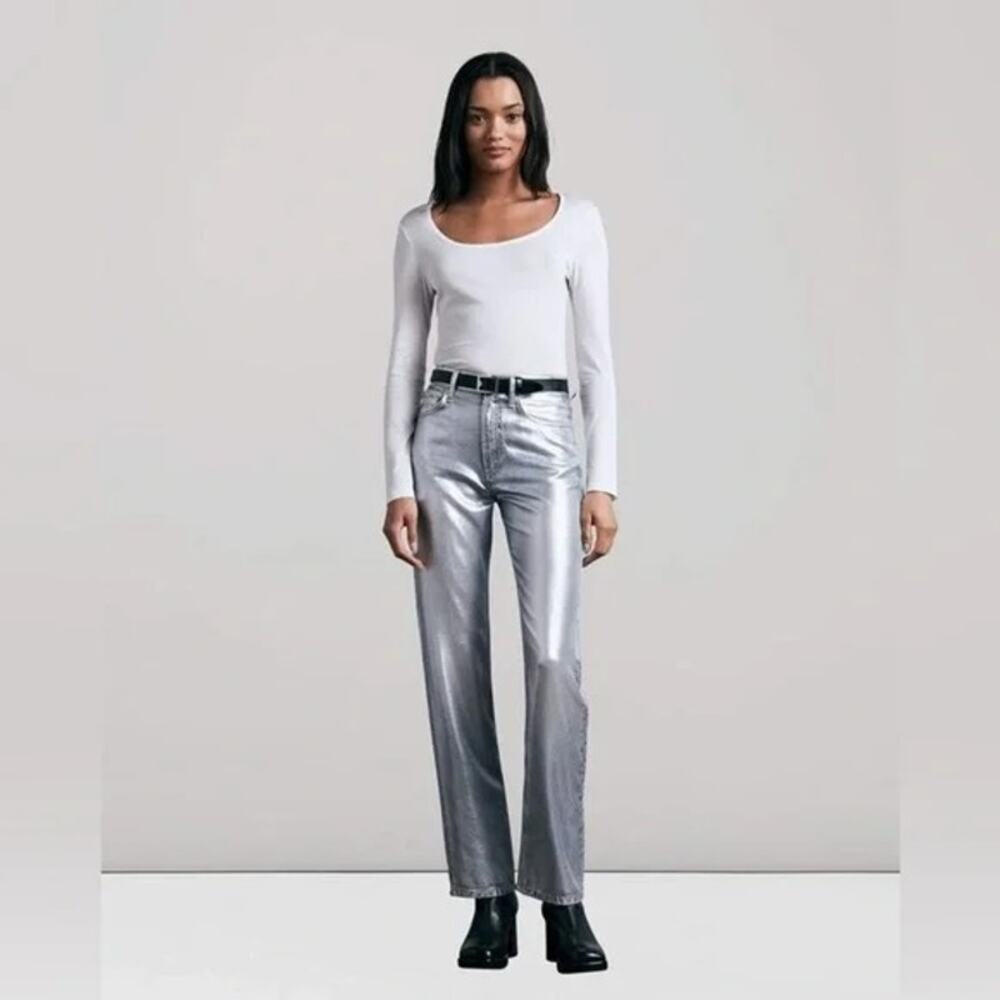 rag & bone Alex Liquid Metallic Luna Silver Straight Leg Printed Jeans Size 25